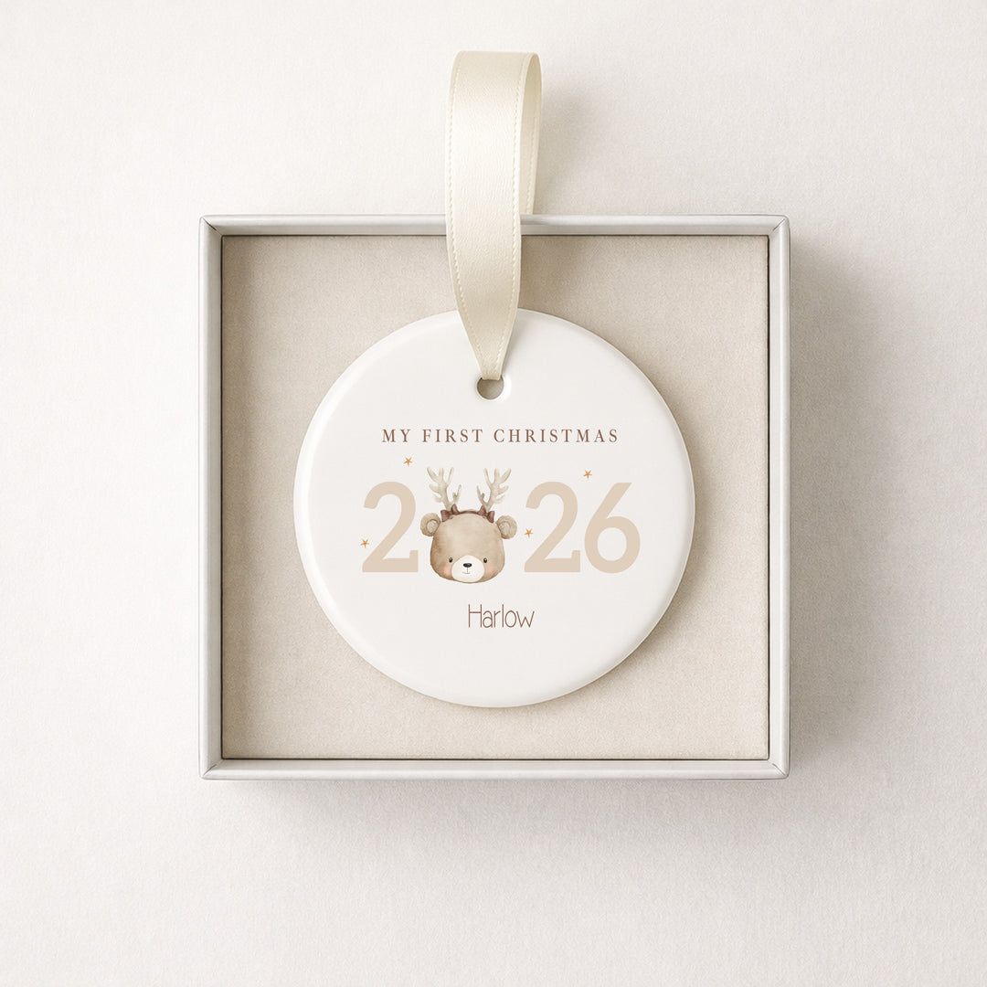 Personalised Bear Reindeer My First Christmas 2026 Ceramic Bauble