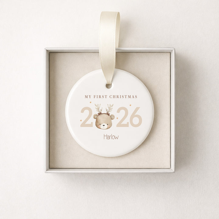 Personalised Bear Reindeer My First Christmas 2026 Ceramic Bauble