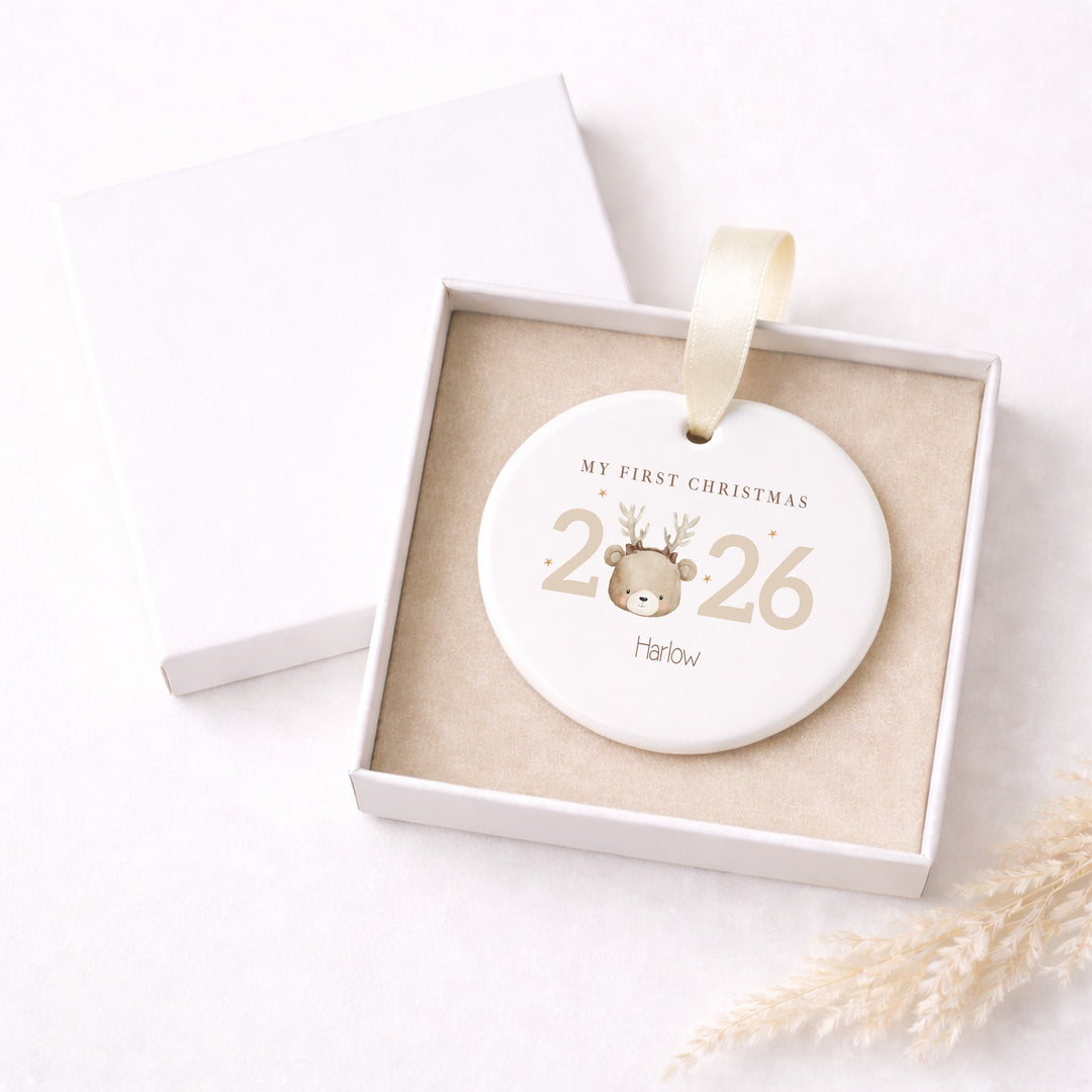 Personalised Bear Reindeer My First Christmas 2026 Ceramic Bauble