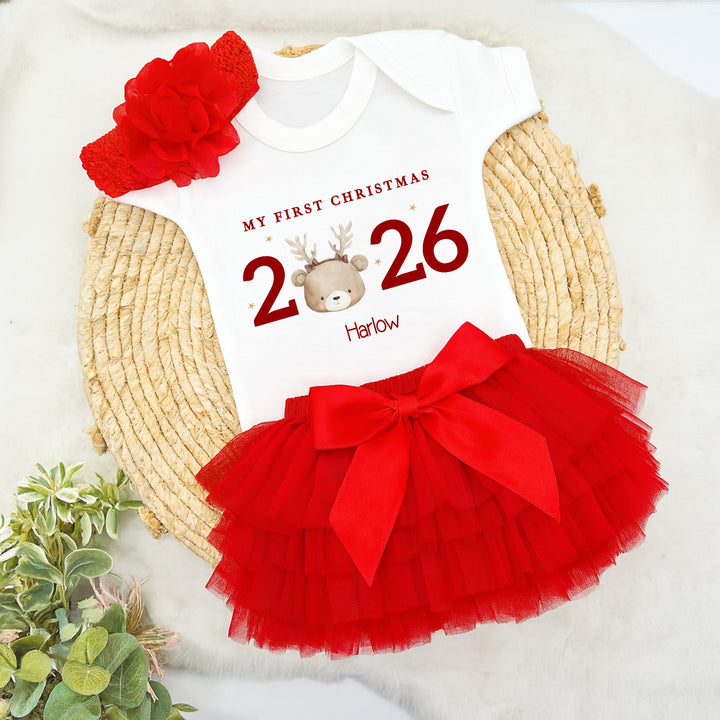 Personalised Bear Reindeer My First Christmas 2026 Red Tutu &amp; Vest Set