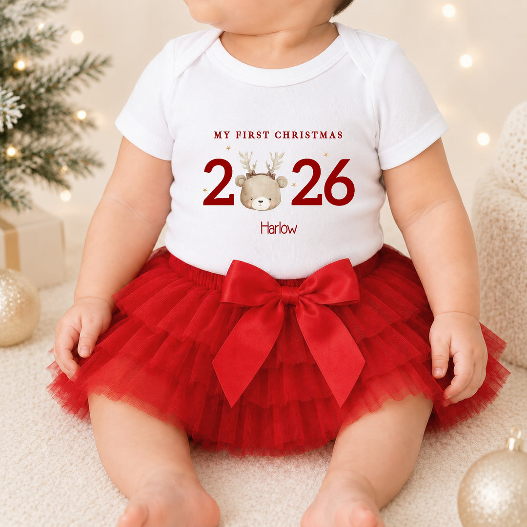Personalised Bear Reindeer My First Christmas 2026 Red Tutu &amp; Vest Set