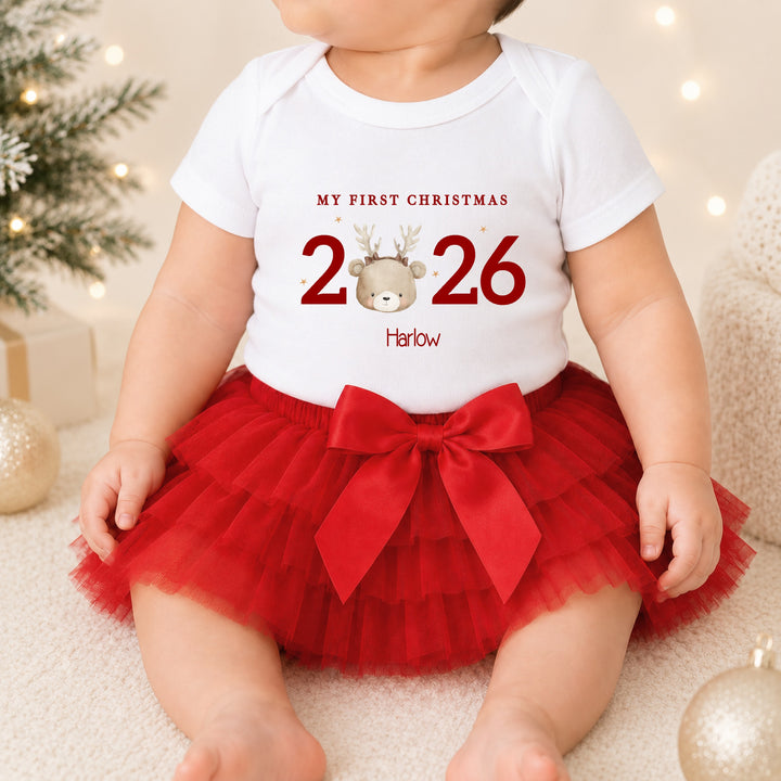Personalised Bear Reindeer My First Christmas 2026 Red Tutu &amp; Vest Set