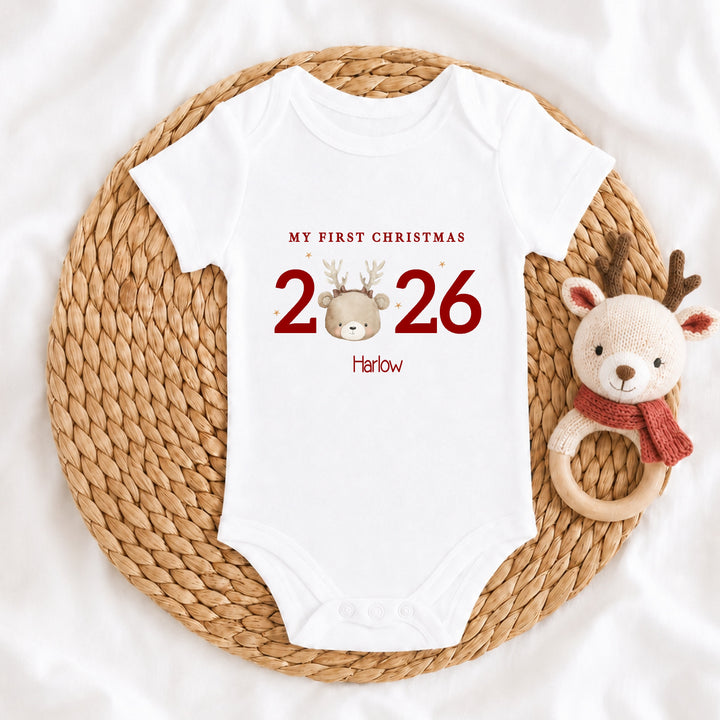 Personalised Bear Reindeer My First Christmas 2026 Red Tutu &amp; Vest Set