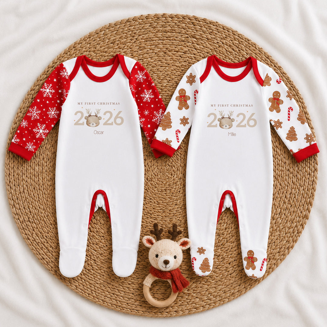 Personalised Bear Reindeer My First Christmas 2026 Pattern Baby Grow