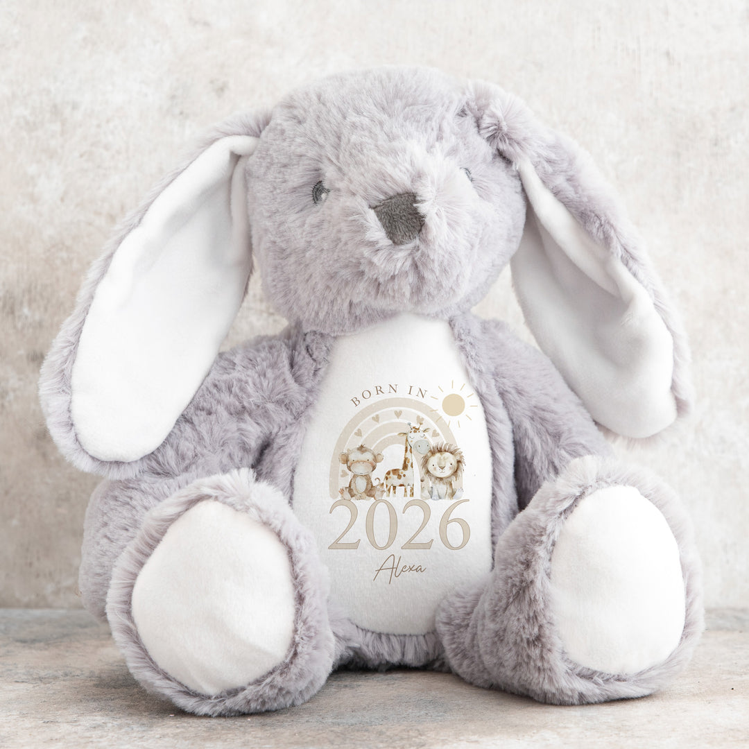 Personalised Beige Jungle Rainbow Born in 2026 Soft Toy