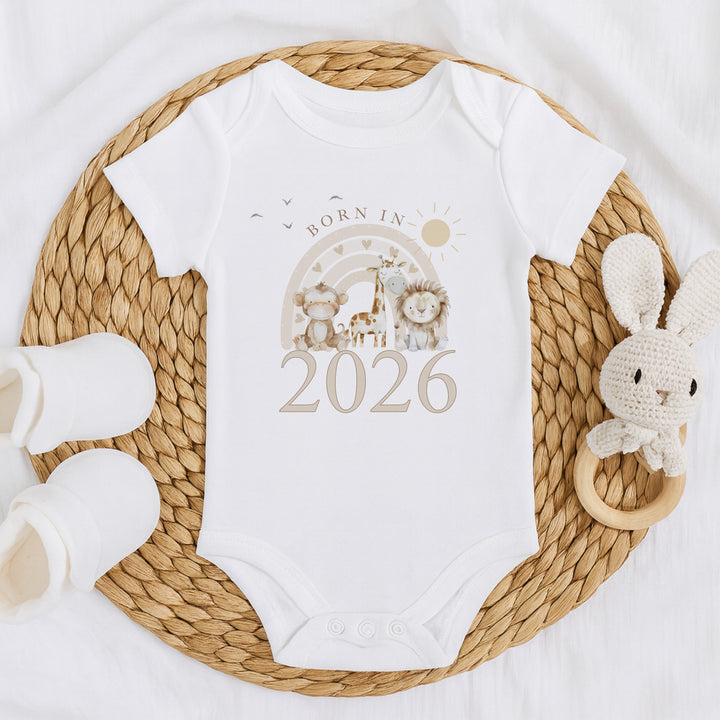 Beige Jungle Rainbow Born in 2026 Baby Grow, Vest or Bib