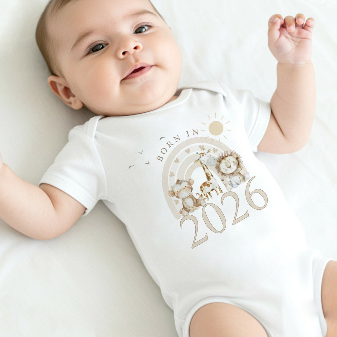 Beige Jungle Rainbow Born in 2026 Baby Grow, Vest or Bib
