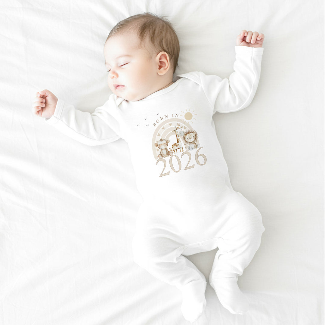 Beige Jungle Rainbow Born in 2026 Baby Grow, Vest or Bib