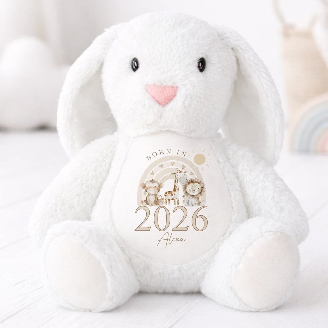 Personalised Beige Jungle Rainbow Born in 2026 Rabbit