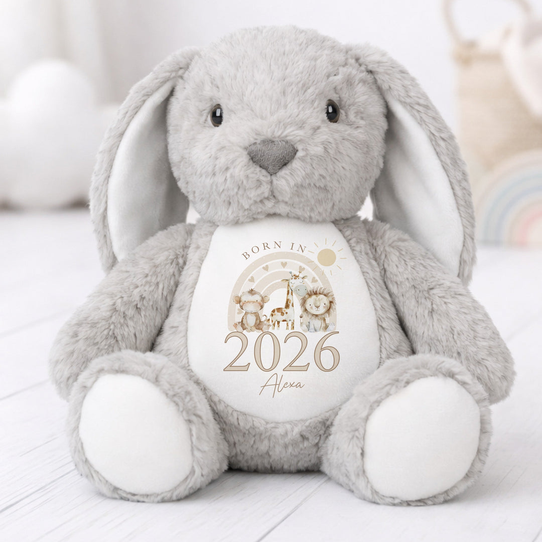 Personalised Beige Jungle Rainbow Born in 2026 Rabbit