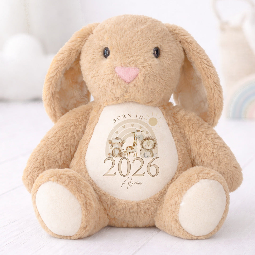 Personalised Beige Jungle Rainbow Born in 2026 Rabbit