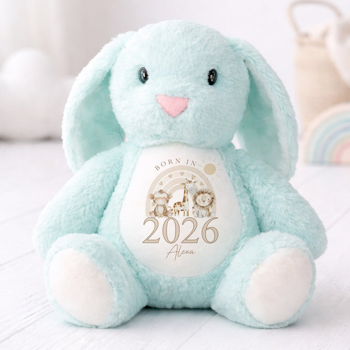 Personalised Beige Jungle Rainbow Born in 2026 Rabbit