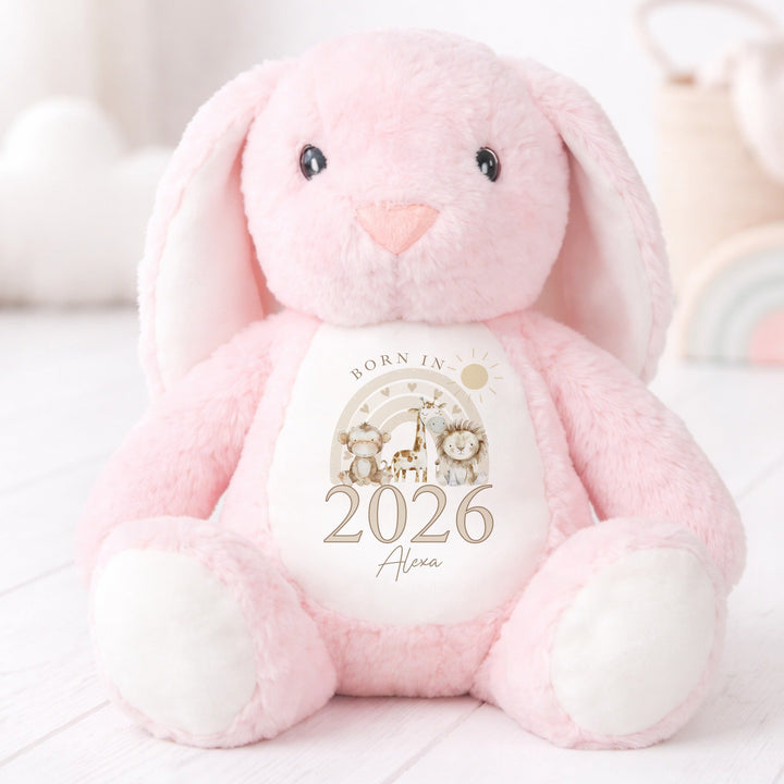 Personalised Beige Jungle Rainbow Born in 2026 Rabbit