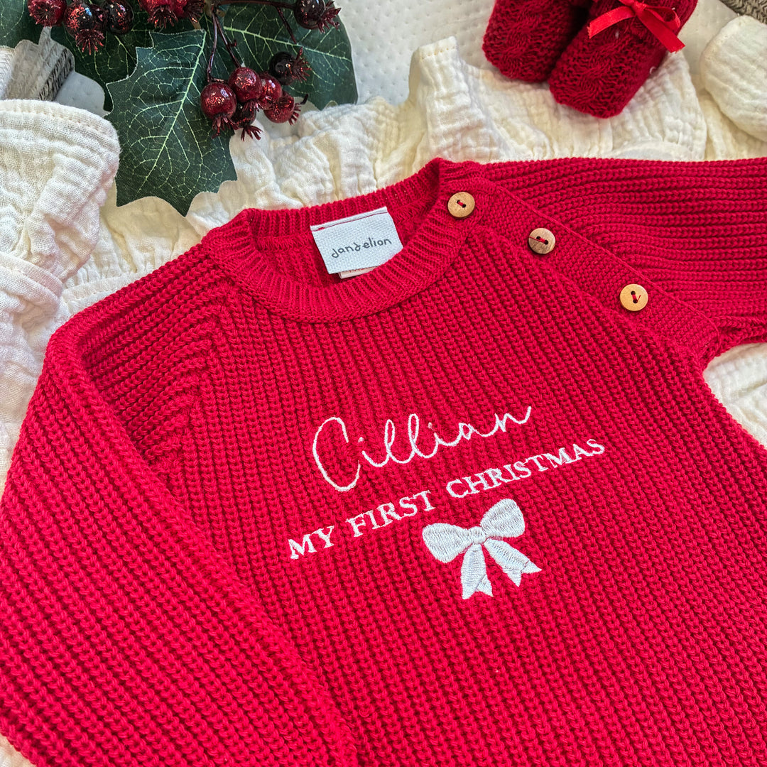 Personalised Embroidered Bow Ribbed My First Christmas Romper