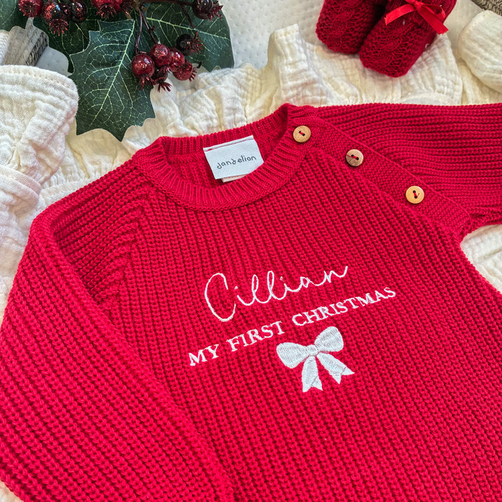 Personalised Embroidered Bow Ribbed My First Christmas Romper