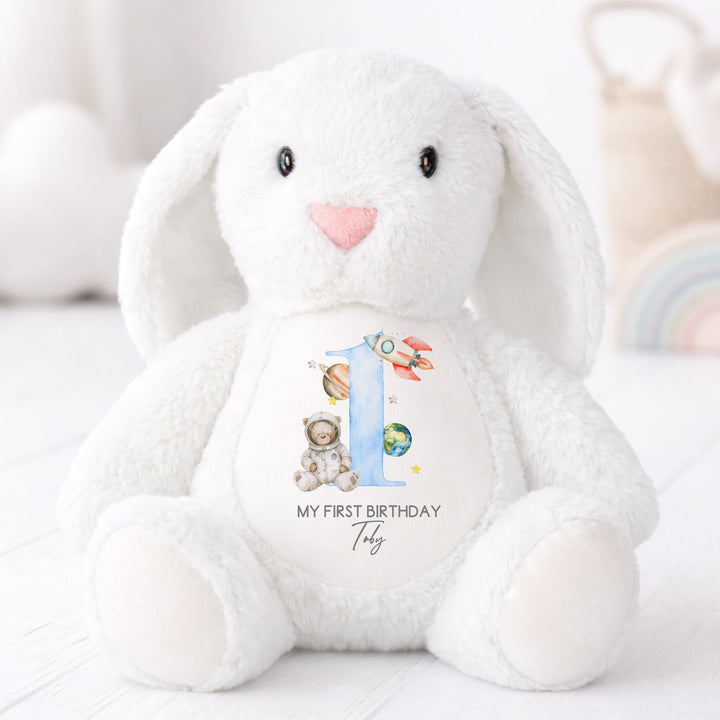 Personalised Blue Spaceman First Birthday Rabbit