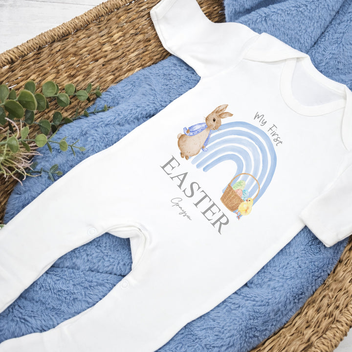 Personalised Blue Rabbit Rainbow My First Easter Baby Grow, Vest or Bib