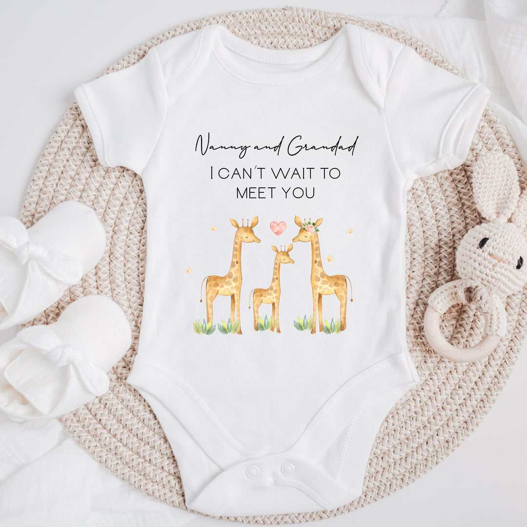 Personalised Nanny Grandad I Can't Wait To Meet You Giraffe Baby Announcement Vest