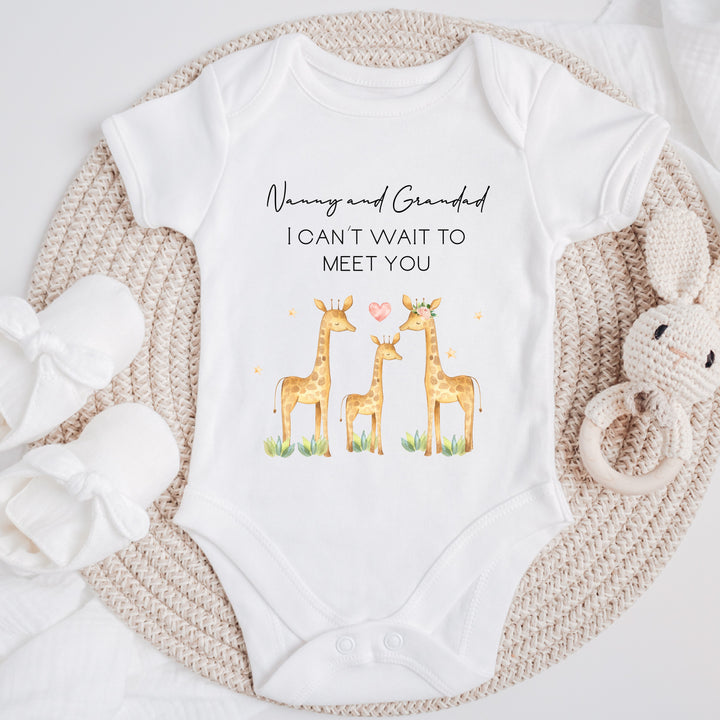 Personalised Nanny Grandad I Can't Wait To Meet You Giraffe Baby Announcement Vest