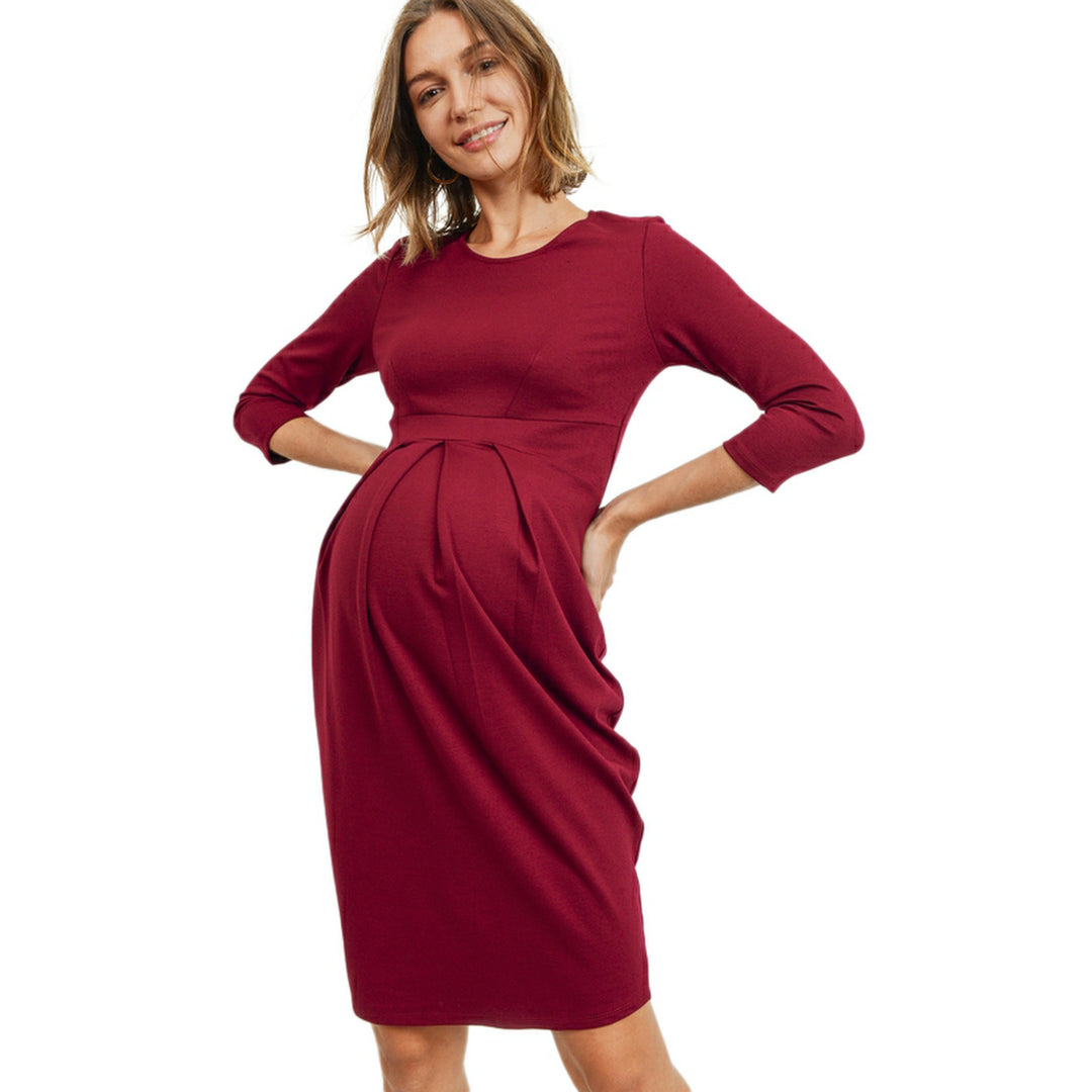 3/4 Sleeve Round Neck Front Pleat Maternity Dress