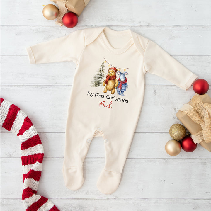 Personalised Pooh Bear Sibling Matching Beige Pyjamas/Babygrow