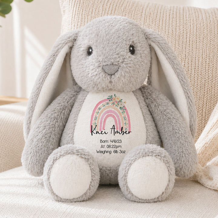 Personalised Pink Floral Rainbow Birth Announcement Rabbit
