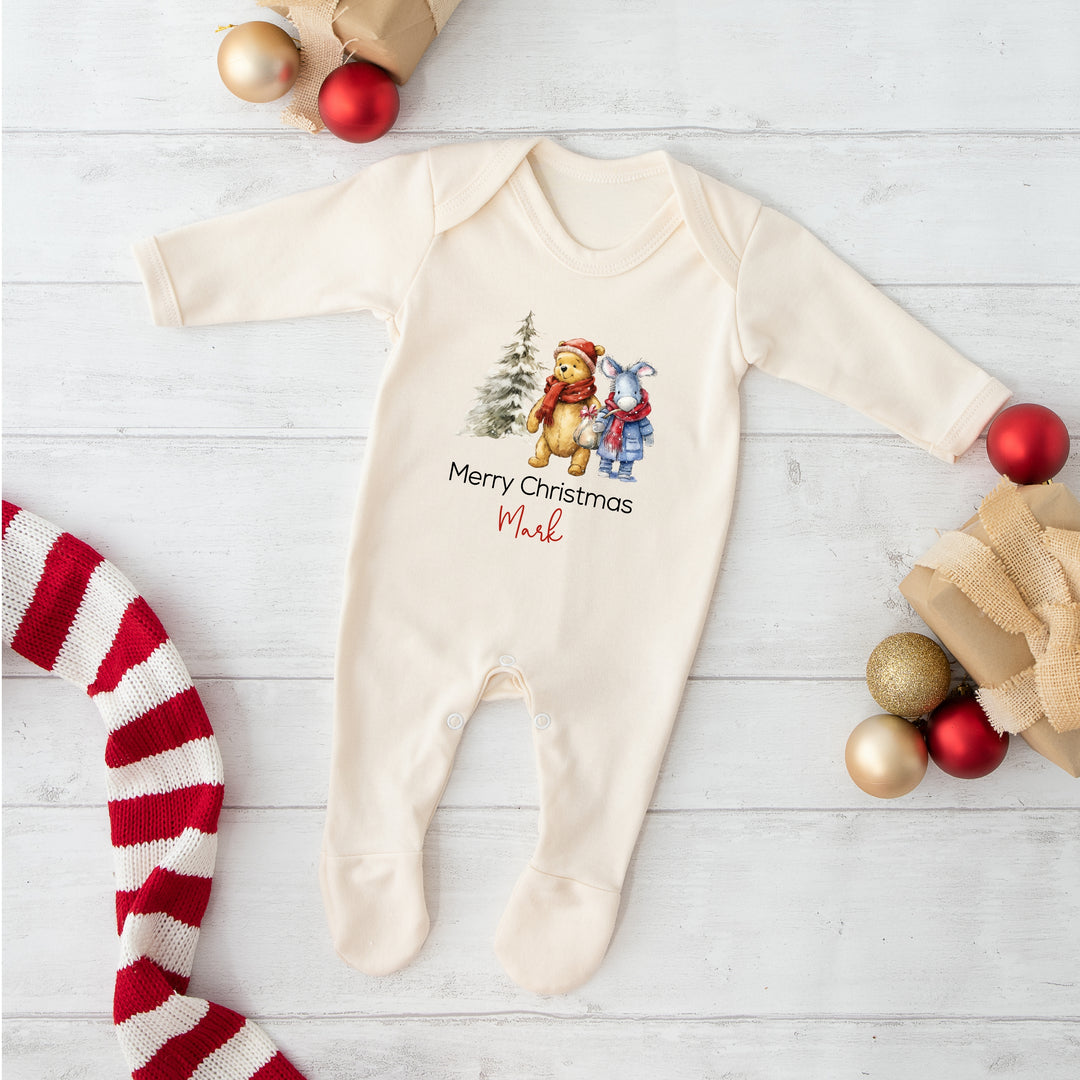 Personalised Classic Winnie The Pooh Christmas Babygrow/Bib