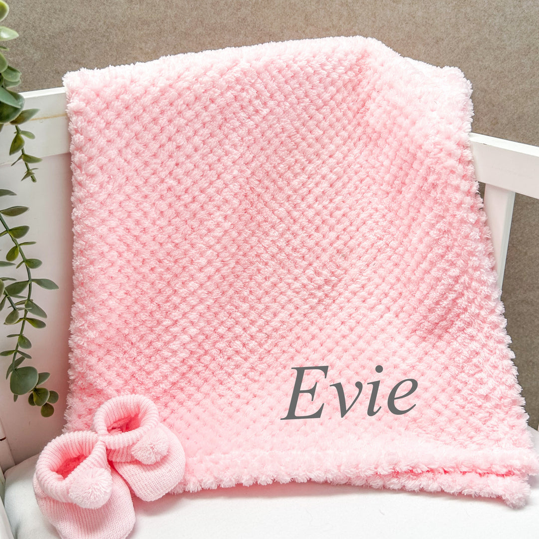 Personalised Embroidered Pink Blanket and Optional Pink Teddy Comforter