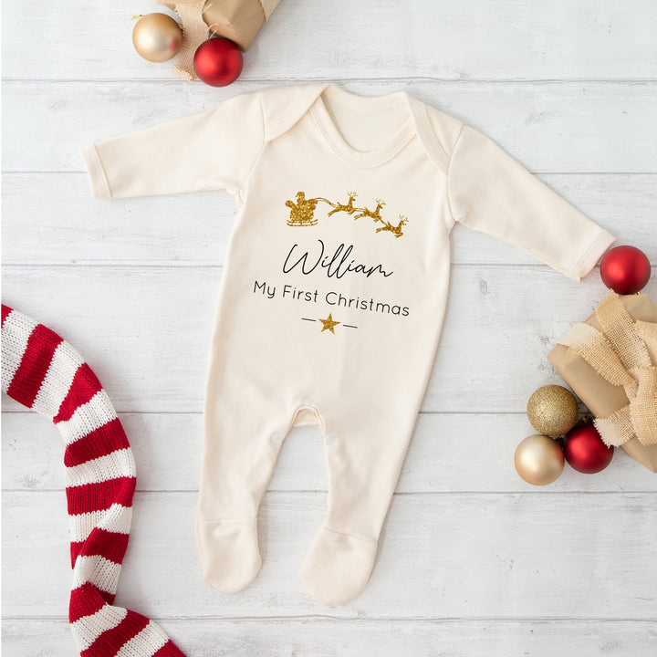 Personalised Gold Glitter Sleigh Sibling Matching Pyjamas/Babygrow