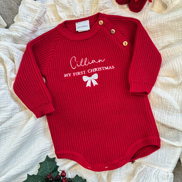 Personalised Embroidered Bow Ribbed My First Christmas Romper