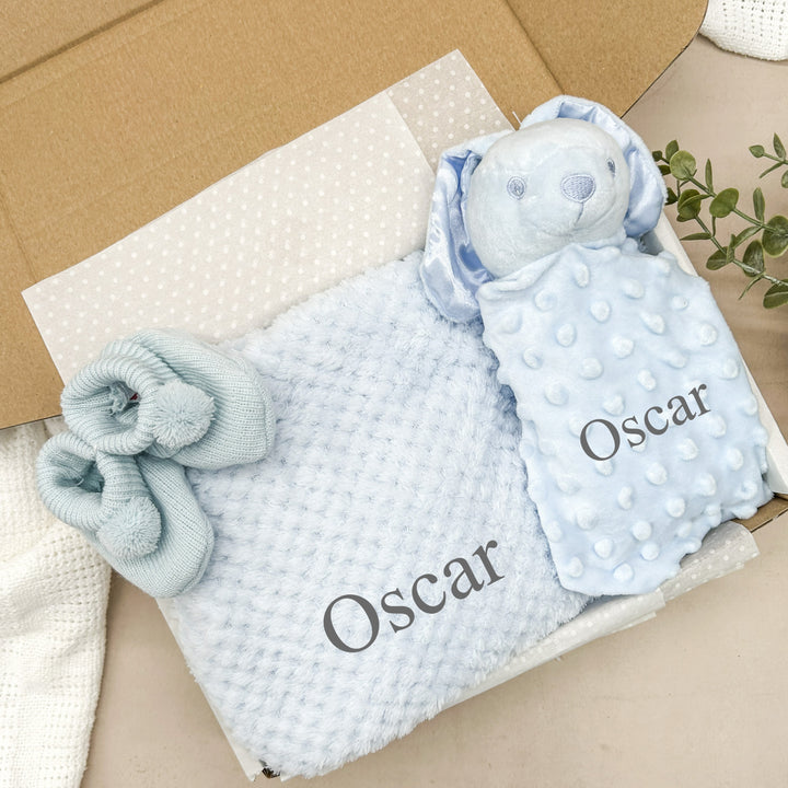 Personalised Embroidered Blue Blanket and Optional Blue Teddy Comforter