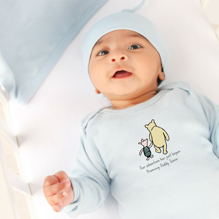 Personalised Classic Winnie the Pooh Adventure Blue Babygrow