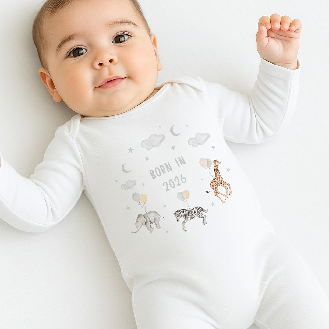 Beige Animal Wreath Born in 2026 Baby Grow, Vest or Bib