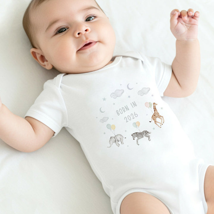 Beige Animal Wreath Born in 2026 Baby Grow, Vest or Bib