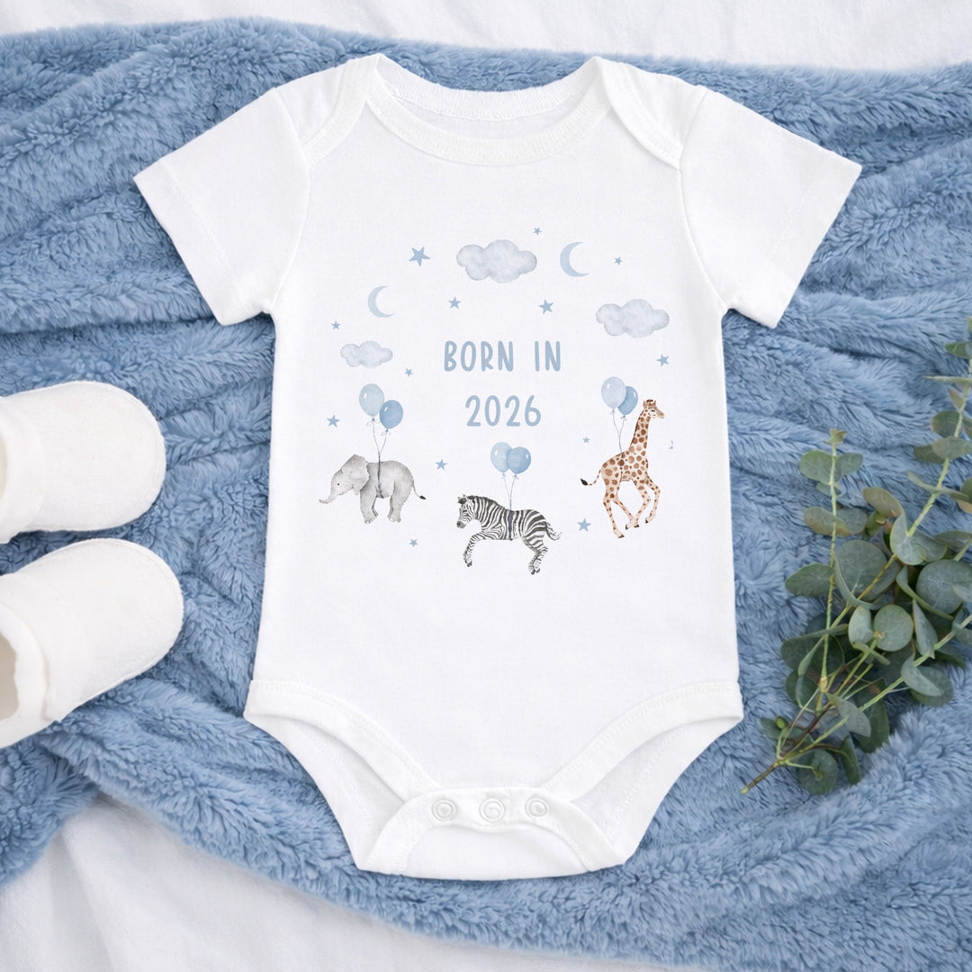 Blue Animal Wreath Born in 2026 Baby Grow, Vest or Bib