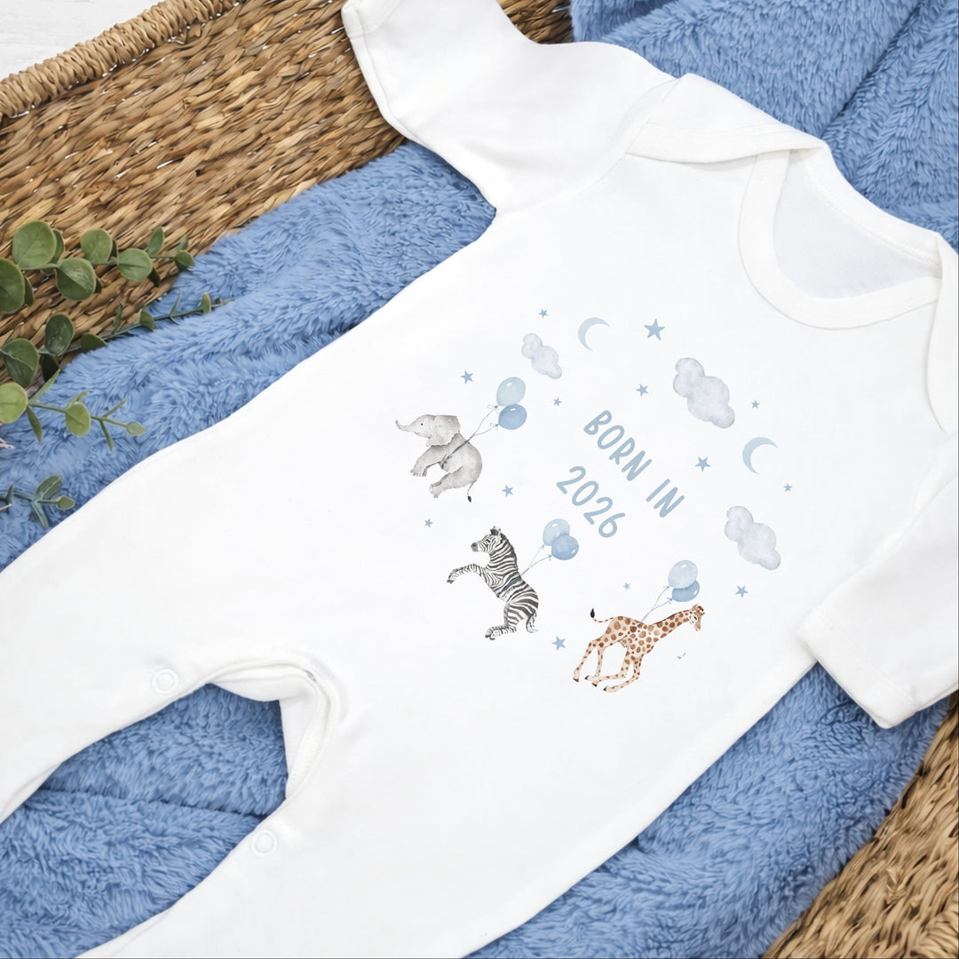 Blue Animal Wreath Born in 2026 Baby Grow, Vest or Bib
