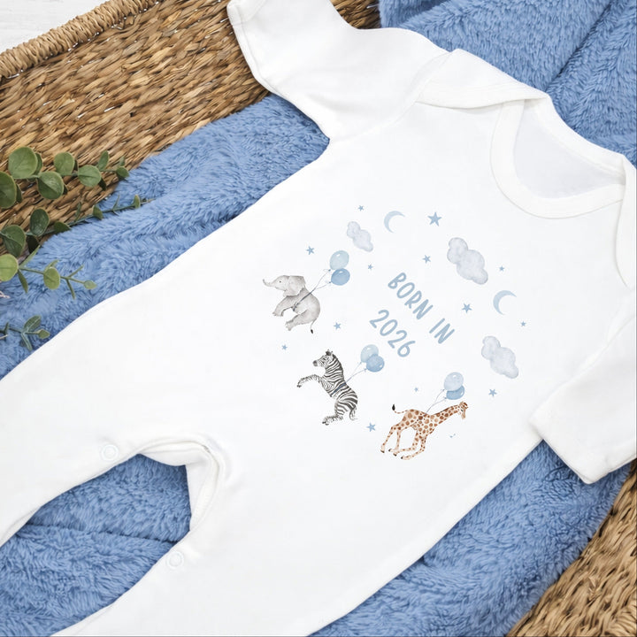 Blue Animal Wreath Born in 2026 Baby Grow, Vest or Bib
