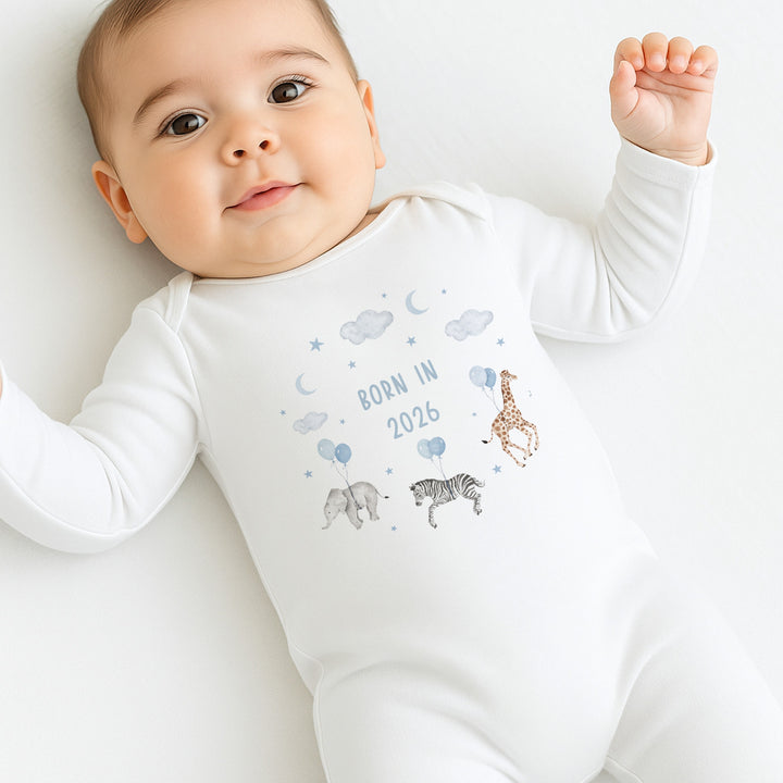 Blue Animal Wreath Born in 2026 Baby Grow, Vest or Bib