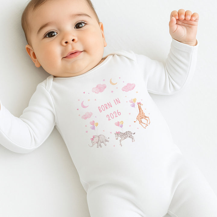 Pink Animal Wreath Born in 2026 Baby Grow, Vest or Bib