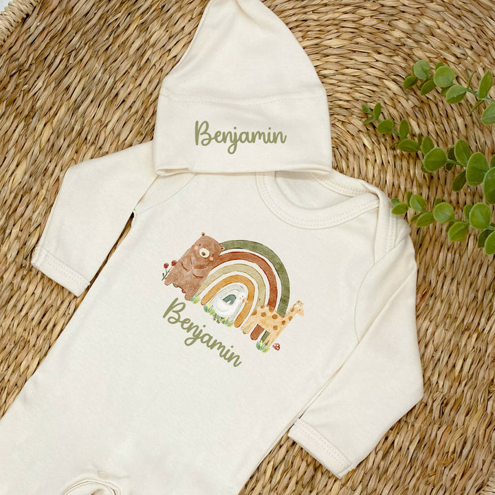 Personalised Animal Rainbow Beige Babygrow with optional Headband, Hat, Blanket