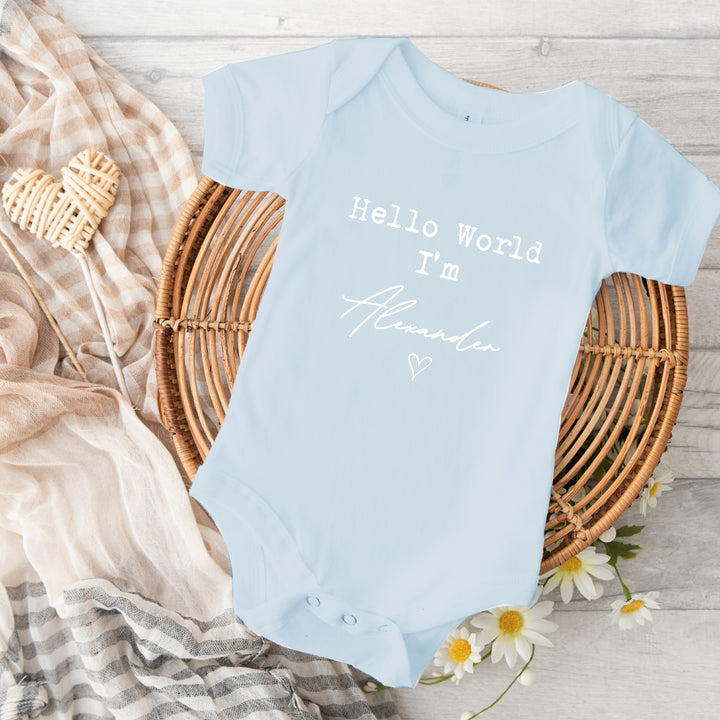 Personalised Hello World Blue Babygrow with optional Headband, Hat, Blanket