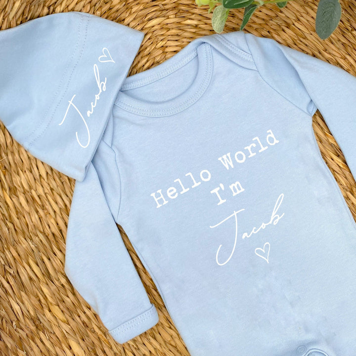 Personalised Hello World Blue Babygrow with optional Headband, Hat, Blanket