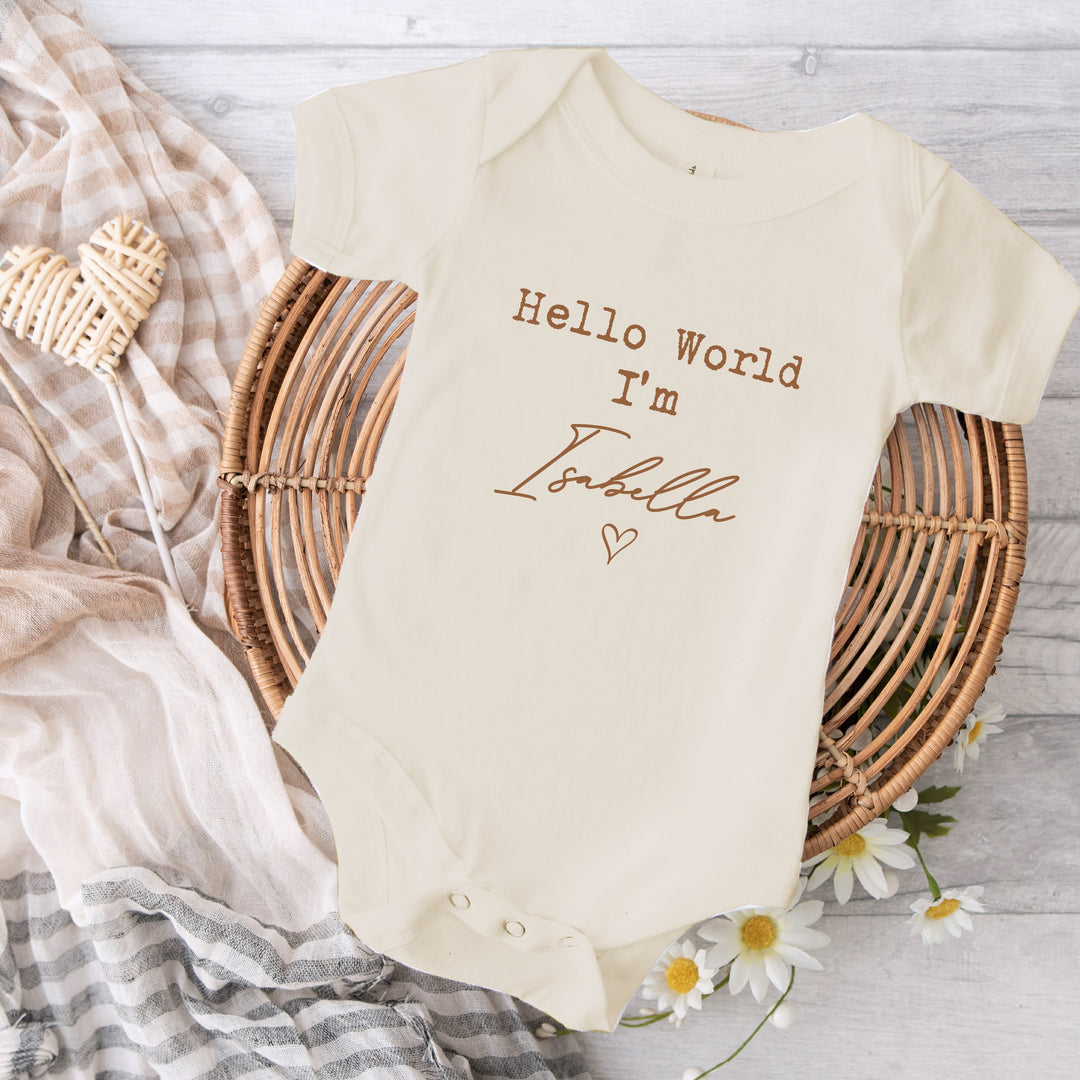 Personalised Hello World Beige Babygrow with optional Headband, Hat, Blanket