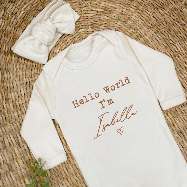 Personalised Hello World Beige Babygrow with optional Headband, Hat, Blanket