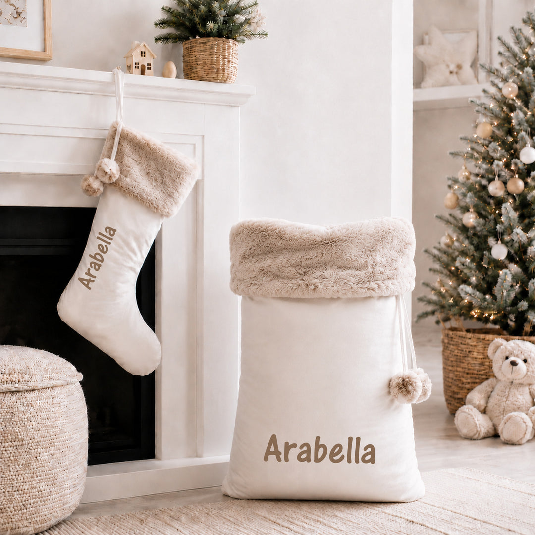 Personalised Simple Name Fur Trim Christmas Stocking or Santa Sack