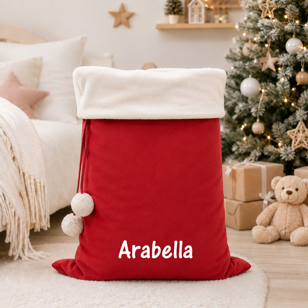Personalised Simple Name Fur Trim Christmas Stocking or Santa Sack