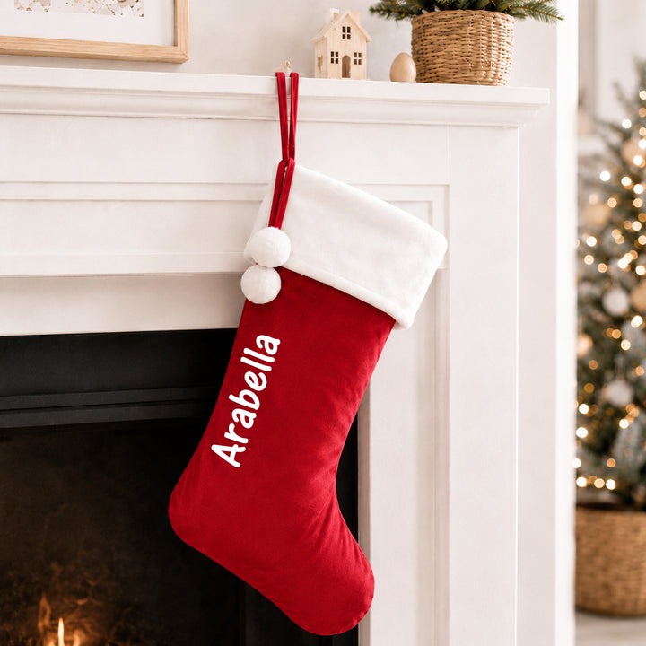 Personalised Simple Name Fur Trim Christmas Stocking or Santa Sack