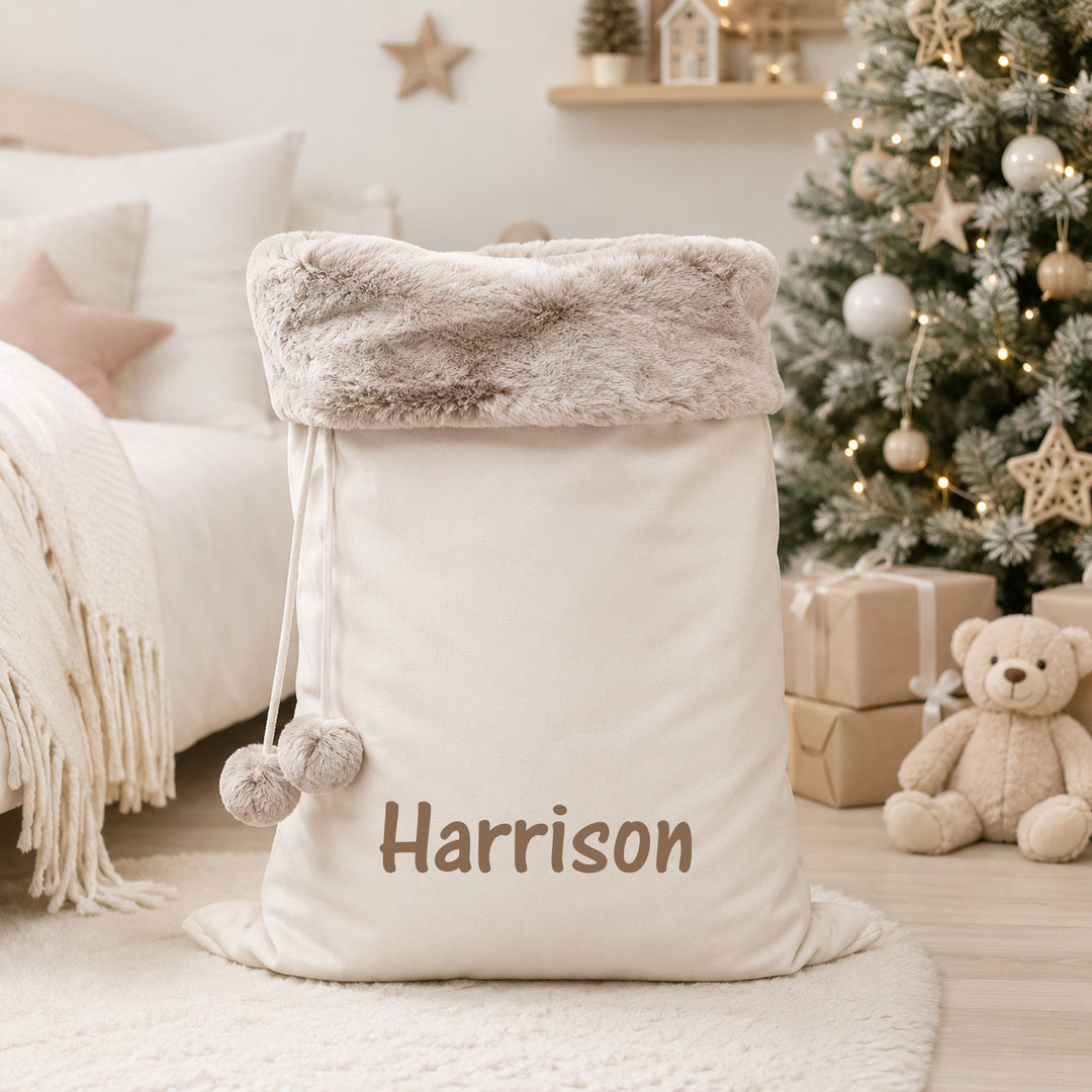 Personalised Simple Name Fur Trim Christmas Stocking or Santa Sack