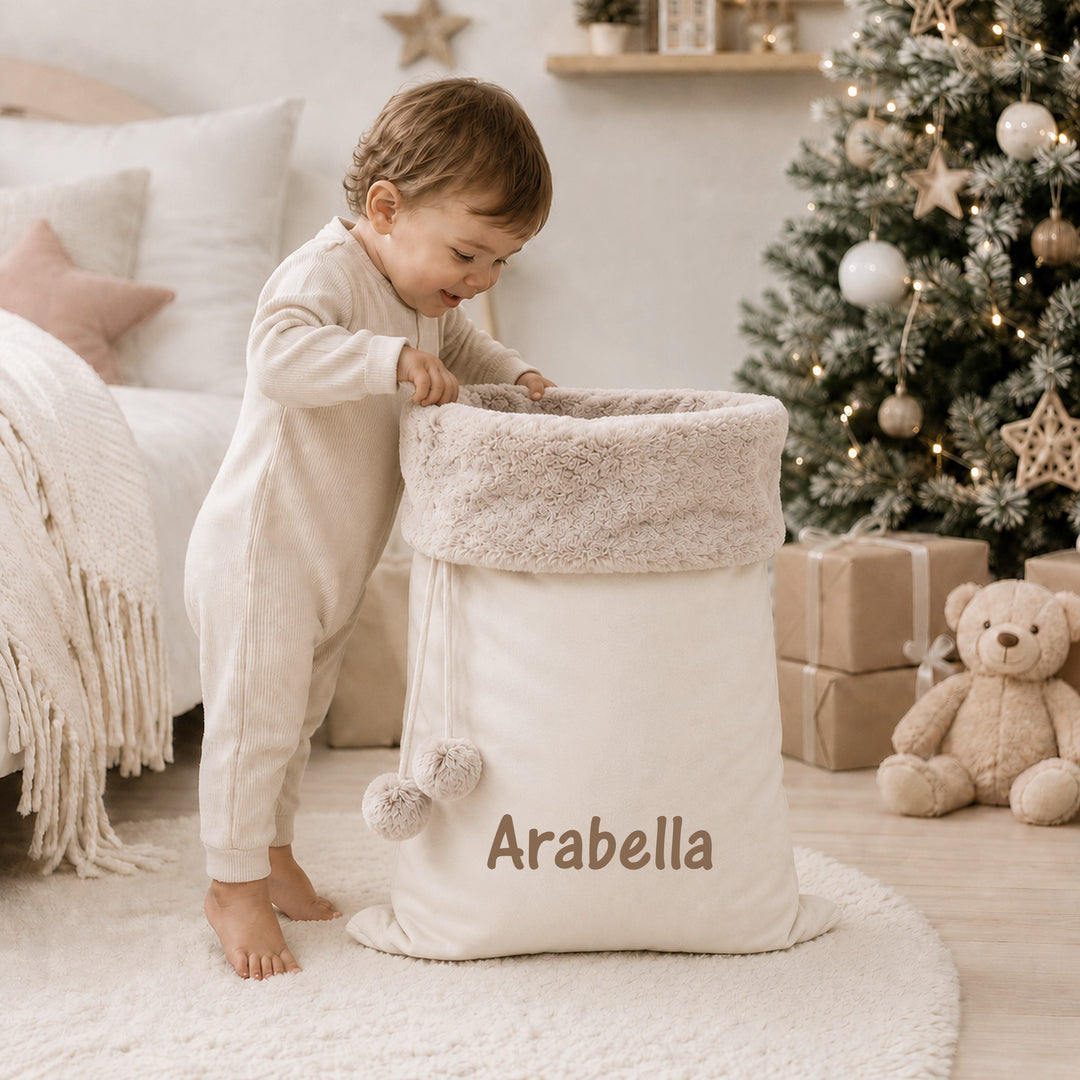 Personalised Simple Name Fur Trim Christmas Stocking or Santa Sack