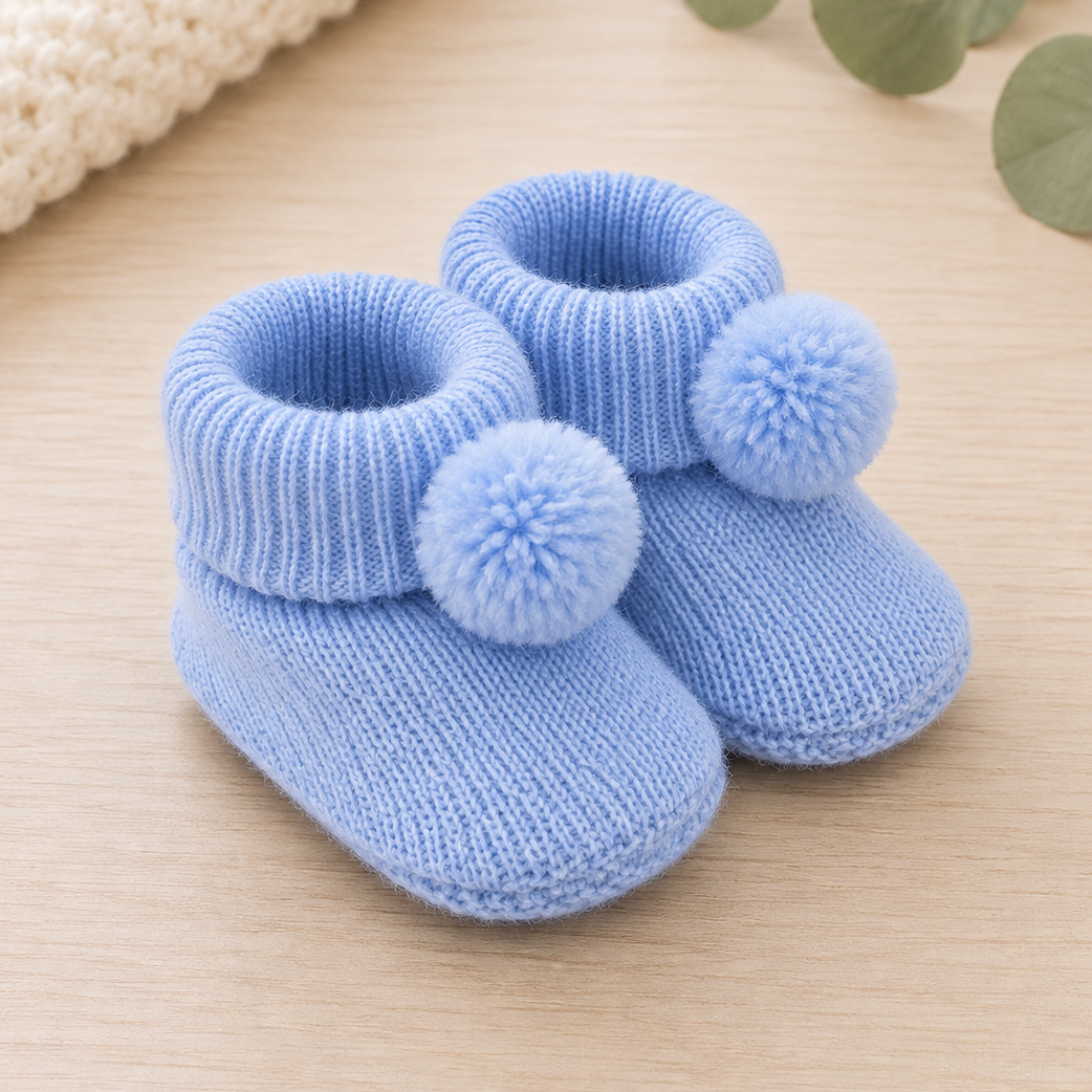Blue Acrylic Booties With Pom Poms